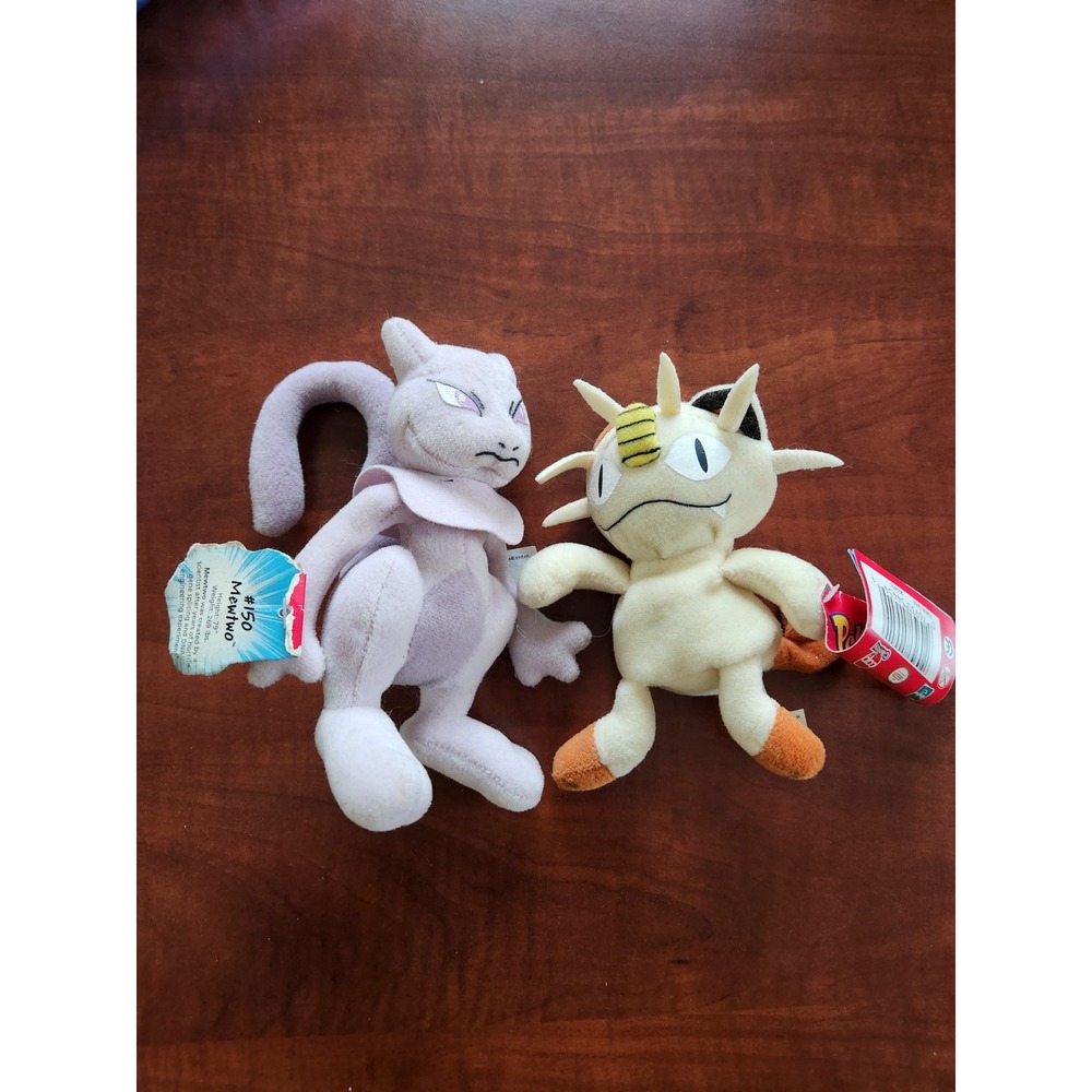 VINTAGE 6-Inch Mewtwo & Meowth Bean Bag Plush 1998 Pokemon Hasbro Nintendo